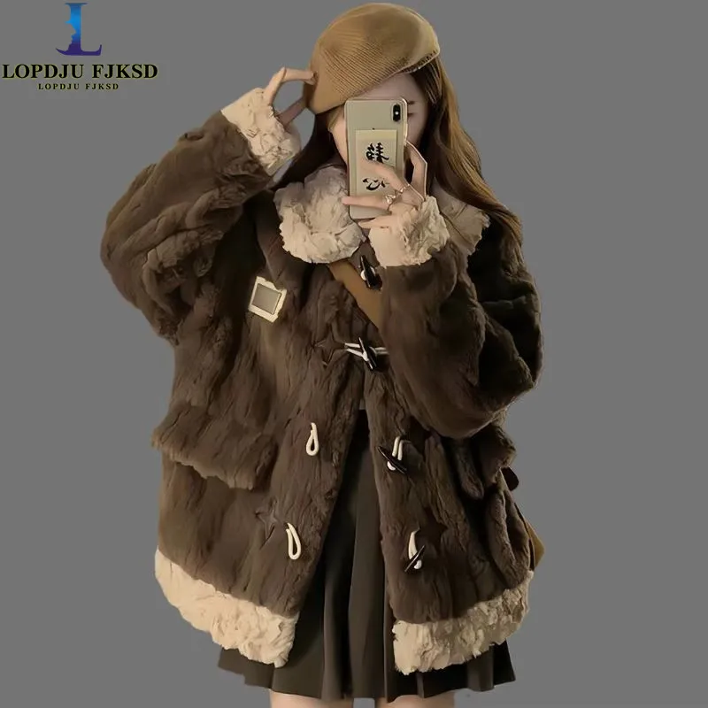 Vintage Horn Buttons Coat Women Winter Thick Warm Faux Wool Loose Jacket Streetwear Patchwork Casual Hotsweet Outwear New 2025