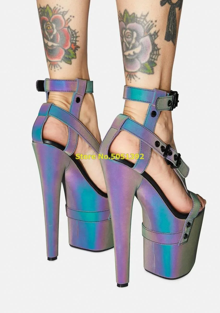 Reflective X Bondage Platform Heels Buckle Hardware Adjustable Straps Open Toe Super High Heel Buckle Strappy Sandals