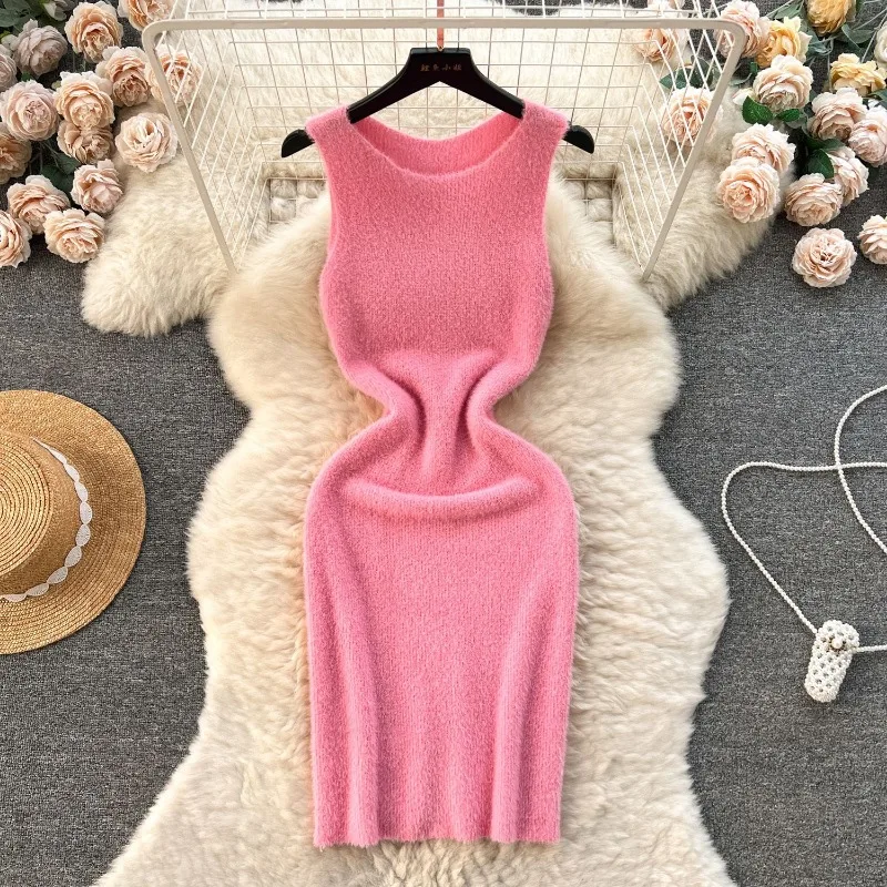 

Knitted Dresses Women Sleeveless Skinny Sexy Party Dresses Solid Autumn Winter Women's Clothing Pink White Design Chic Dress