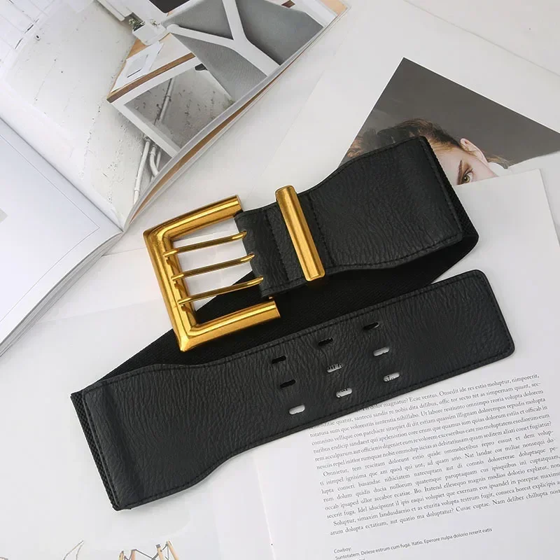 High Quality Retro Elastic Wide Belt Gold Buckle Ladies Fashion Suit Coat Girdle Waist Belts for Women Luxury Designer Brand