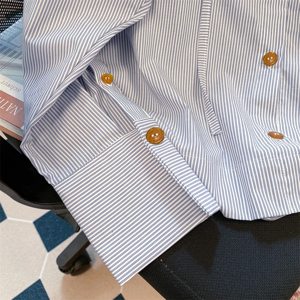 Полосатая рубашка с капюшоном на шнурке, женская осенняя корейская шикарная уникальная свободная посадка, пуловер с длинными рукавами, повседневная верхняя одежда, женский топ