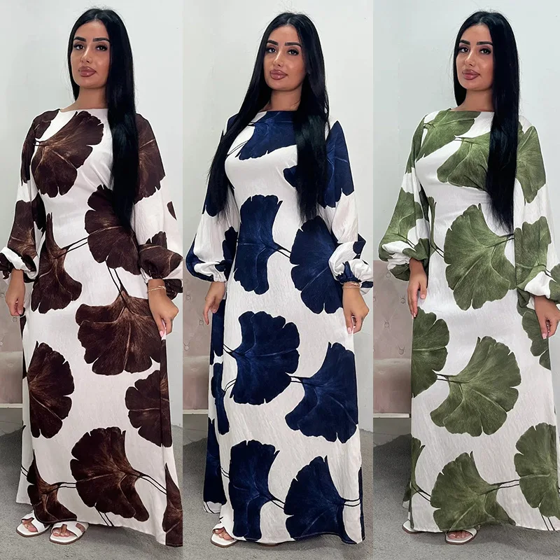 

2025 New Design Ginkgo Leaf Print Puff Sleeve Long Dress Women Elegant Modest Fashion Maxi Dress