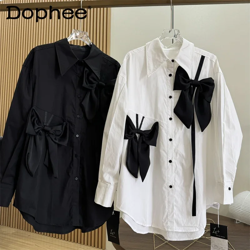 

2024 New French Three-dimensional Bow Long-sleeved Silhouette Shirt Female Spring and Autumn Long-sleeved Whiter Top Women