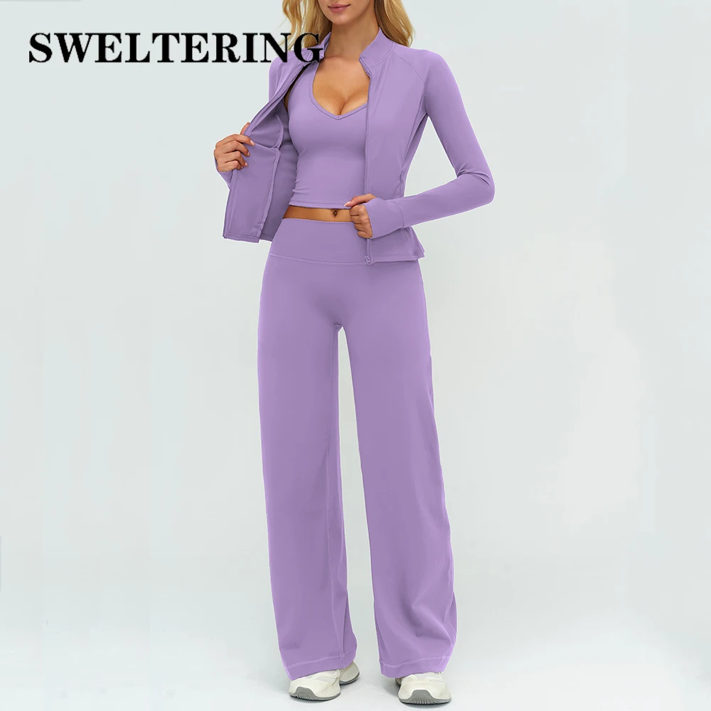 2/3PCS Yoga Set Gym Fitness Suit Woman Quick Drying Solid Color Hanging Neck Bra Zipper Jacket Push Up Wide Leg Pants Yoga Set