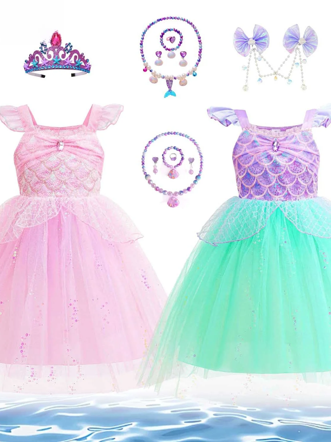 

Children's Mermaid Princess Dress Fly Sleeve Mesh Dress Sparkling Sequins Performance Costume Halloween One Thousand Li