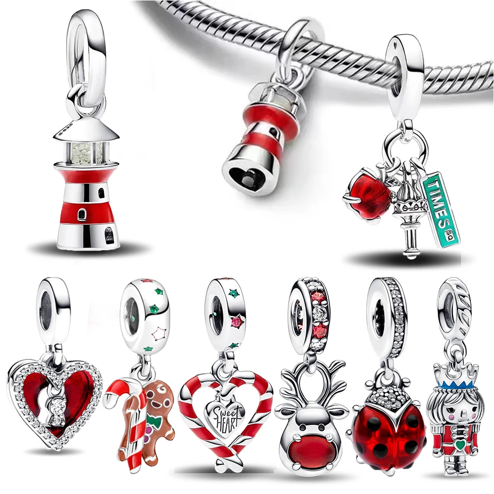 Lucky 925 Sterling Silver Red Lighthouse&Ladybug&Christmas Gingerbread Man&Elk Dangle Charm Fit DIY Bracelet Blessing Gift