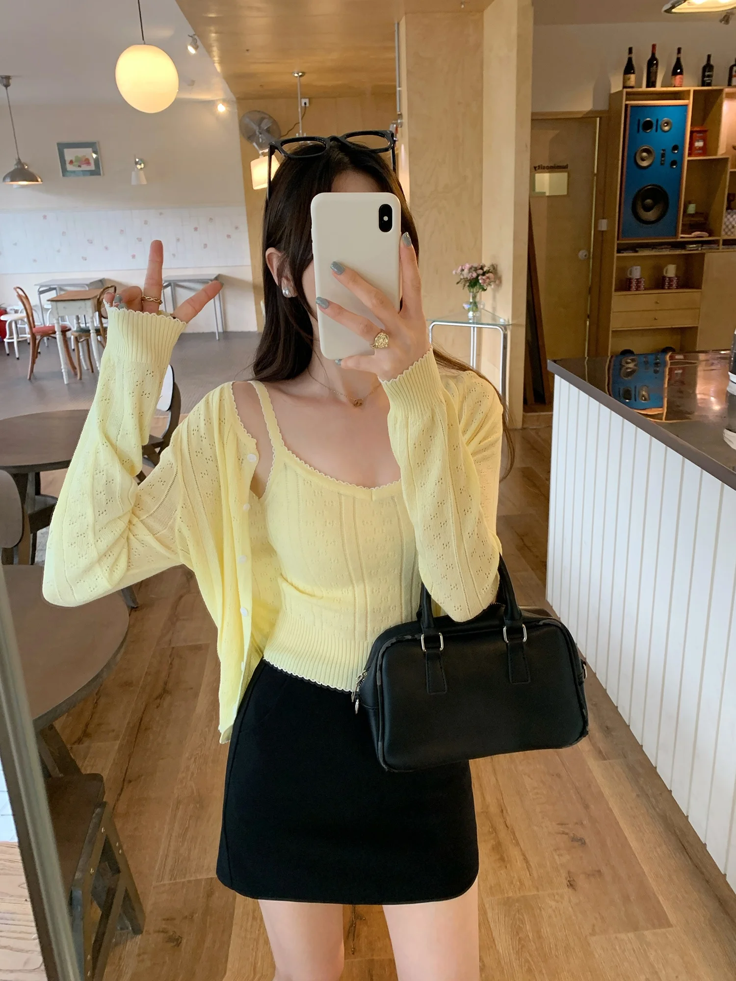 Beautiful Hollow out Long Sleeve Knitted Cardigan Two Piece Set Women's Early Autumn Korean Style Small Set Breathable Regula...