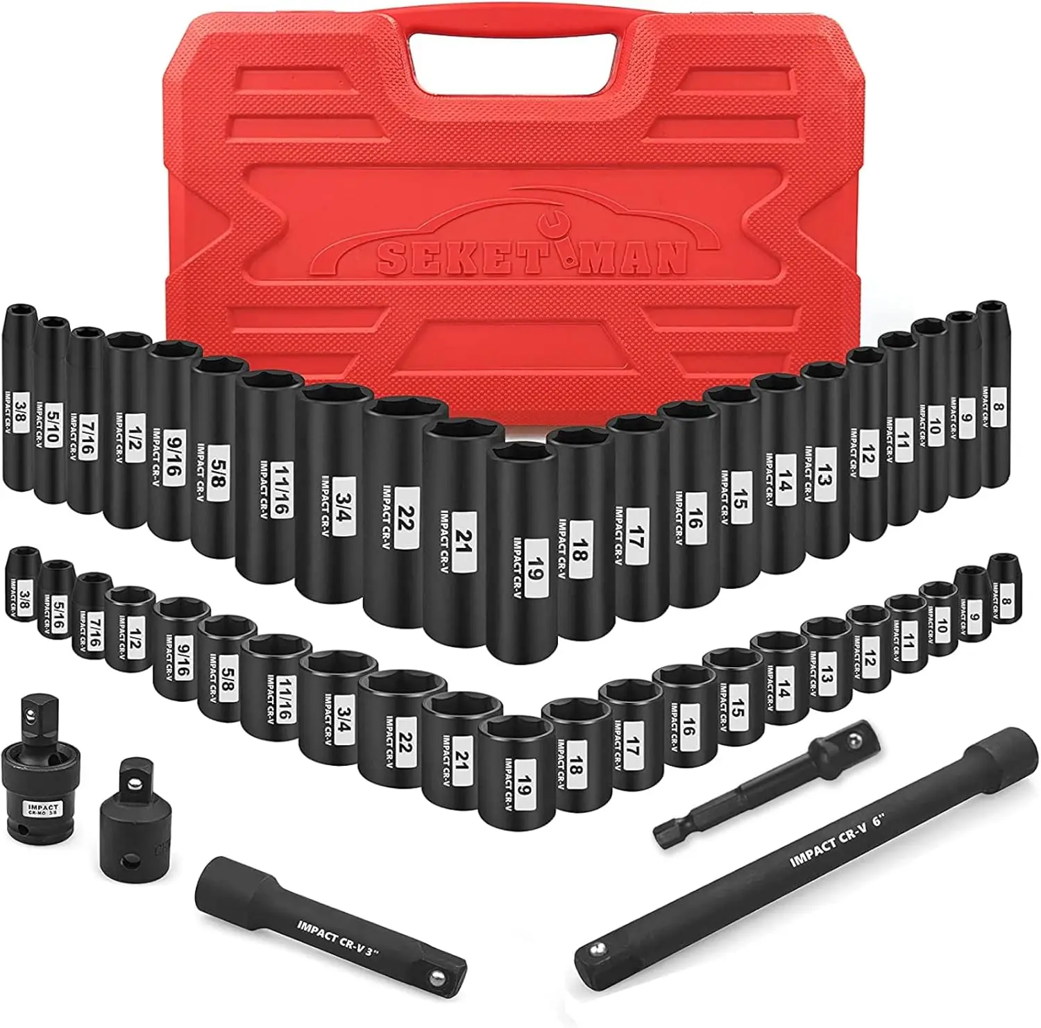 

3/8-Inch Drive Impact Socket Set,49 Pieces,SAE/Metric,Deep/Shallow,(5/16"-3/4",8mm-22mm),6 Point,CR-V Steel