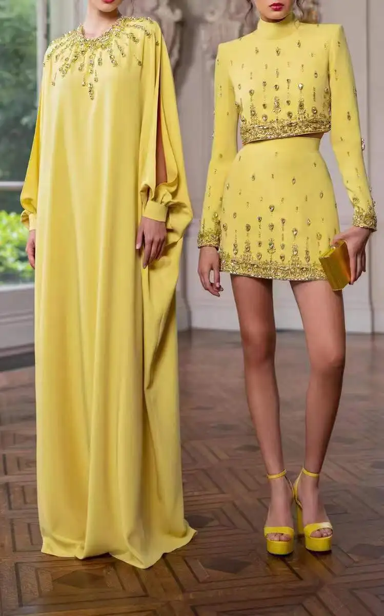 

LY68 Zuhair Murad Two Pieces Yellow Crystal Short Mini Length Sexy Custom make فساتين سهره evening dresses