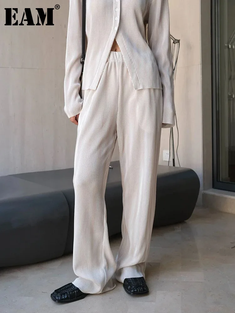 

[EAM] High Elastic Waist Light Coffee Pleated Long Wide Leg Pants New Trousers Women Fashion Tide Spring Autumn 2024 1DH6688