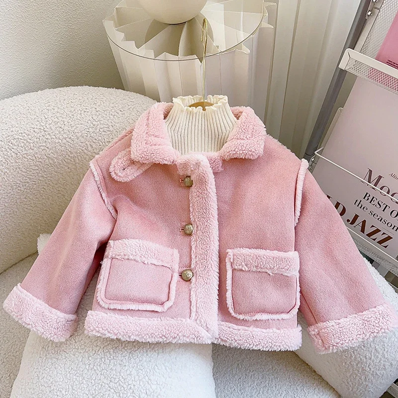 2026 Winter New Girls Jacket Solid Color Lamb Wool Lining Thick Keep Warm Lapel Fashion Coats For 2-8 Years Kids Plush Snowsuit