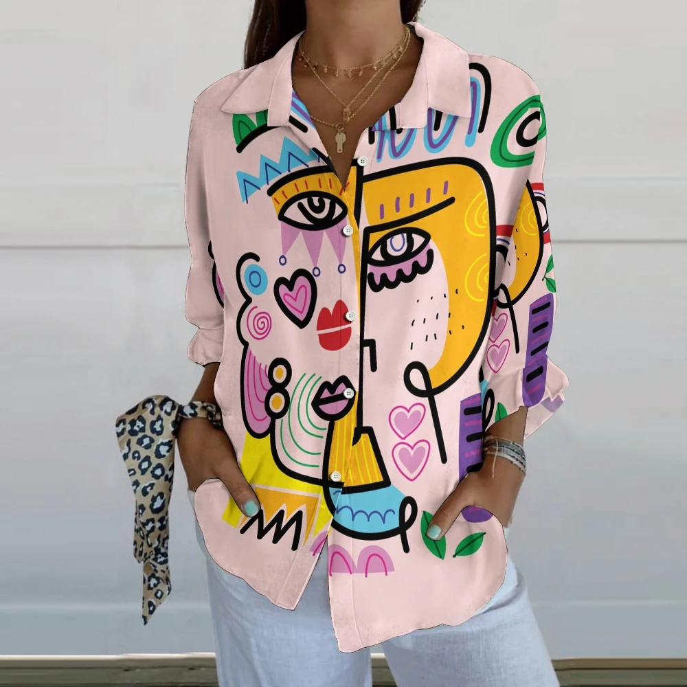 Pink Cartoon Hand-Painted Shirt Casual Loose Lapel Women's Versatile Top Soft Summer Face Print Chic Street Clothing