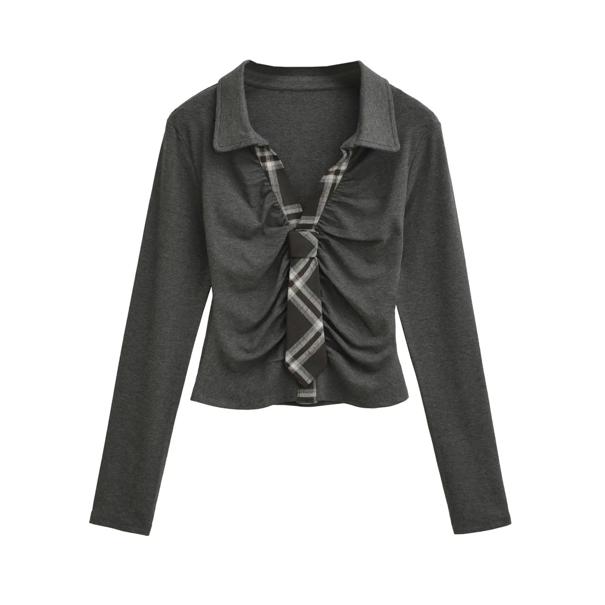 Camisa Polo fruncida ajustada con lazo a cuadros de dos piezas falsa para chica picante de estilo americano, Top para mujer, Camisa corta de cintura alta de otoño GFGX