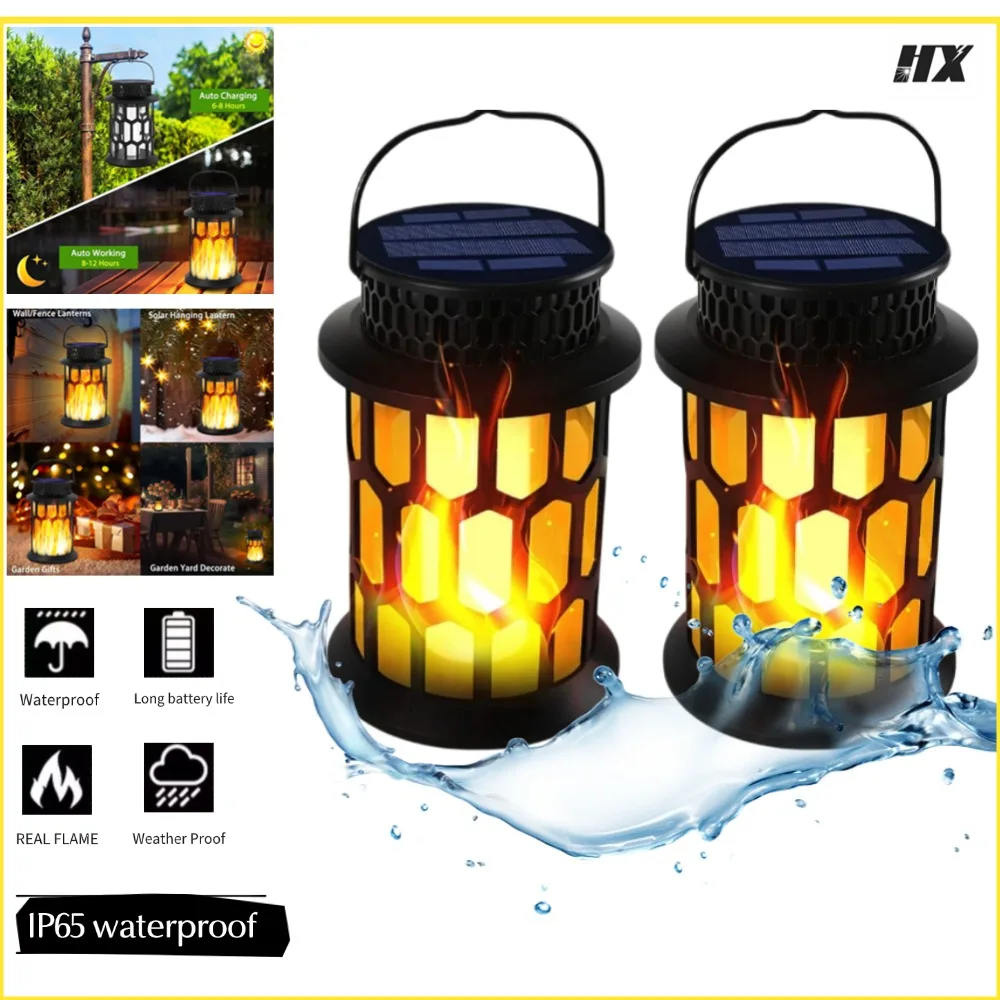 LED Solar Outdoor Light Waterproof Solar Hanging Lantern Decorative Flickering Flames Lighting for Wall Garden Patio Deck Yard