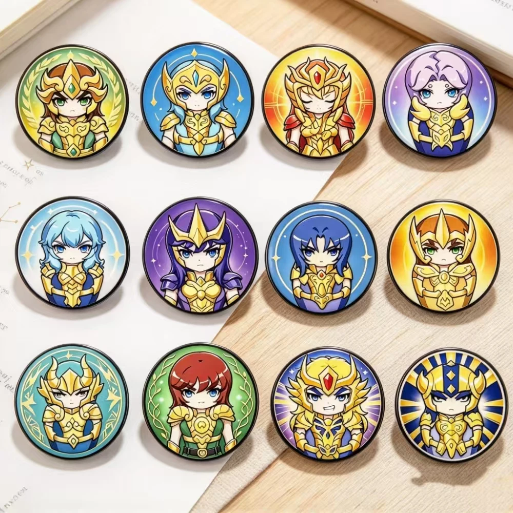 12-24Pcs Chibi Armor Warrior Enamel Badge Pins, Round & Geometric Brooches, Cute Decor Accessories for Outfit and Collection