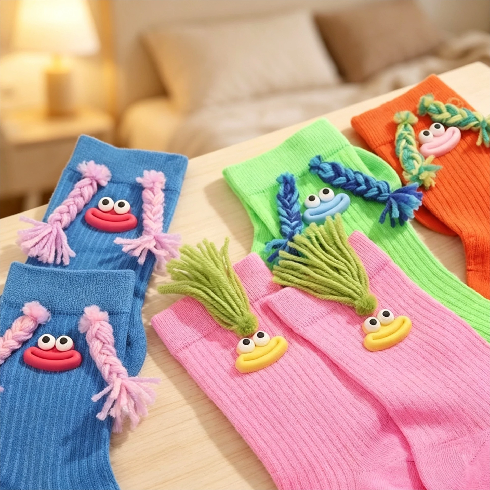 1-10Pairs Novelty Braided Hair Sausage Mouth Socks Funny Doll Color Block Socks for Girls Streetwear Daily Outfit Party Gift