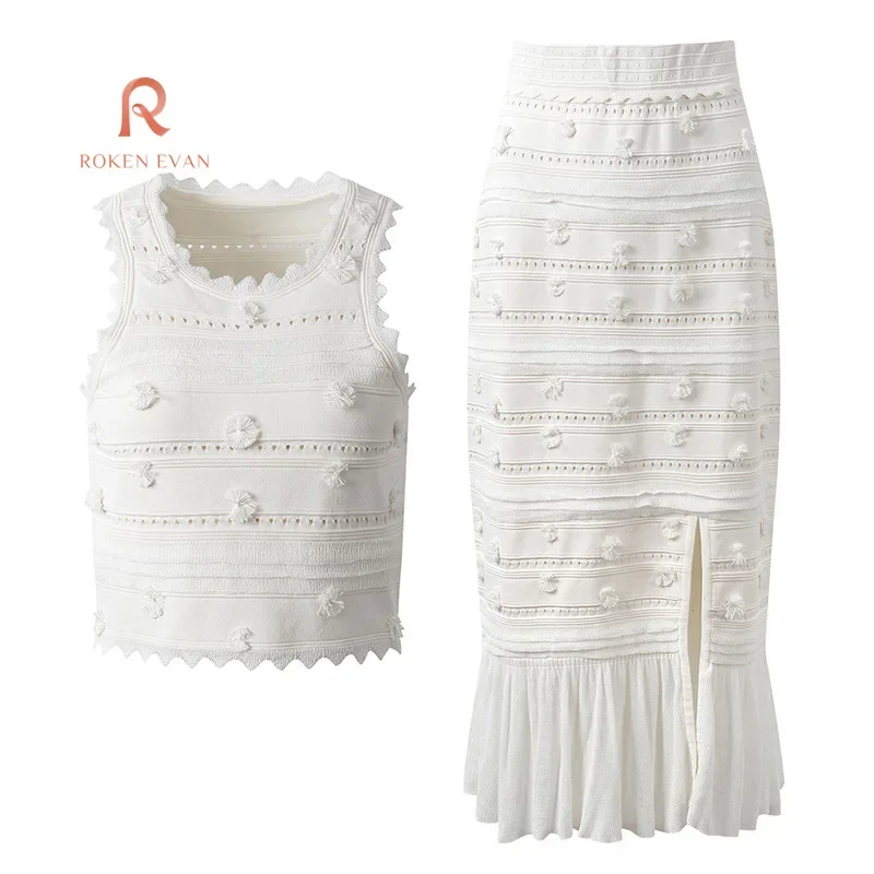 ROKEN EVAN 2024 Hot-selling design pom-poms embroidered vest top ruffled slit half skirt fashion temperament gentle Sweater Sets