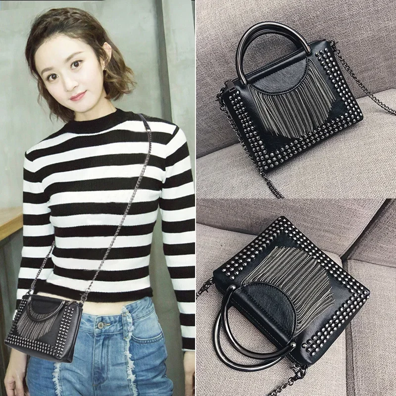 Rivet Design Women Handbag mini Fashion Chain Tassel Lady Shoulder Bags Black Girls Flap Crossbody Bag bolsa franja Totes