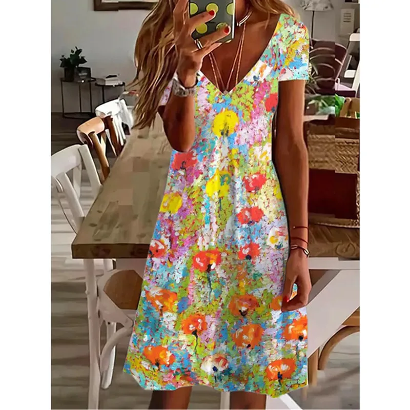 Women  Summer Short Sleeve V-Neck Casual Dress 3D Vintage Floral Printed Elegant Knee Length Dress S-3XL Lady Vestidos