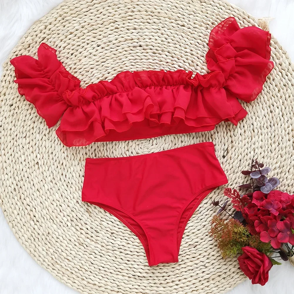 Bikinis con volantes rojos para mujer, traje de baño Sexy de cintura alta con hombros descubiertos, ropa de playa, bikini de banda 2024