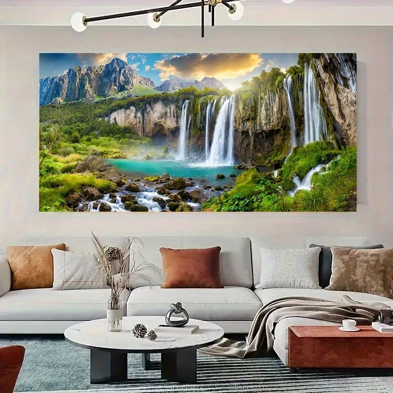 Frameless Landscape Canvas Prints Painting Majestic Waterfall Lush Greenery Modern Home Decor Wall Art for Living Room Bedroom