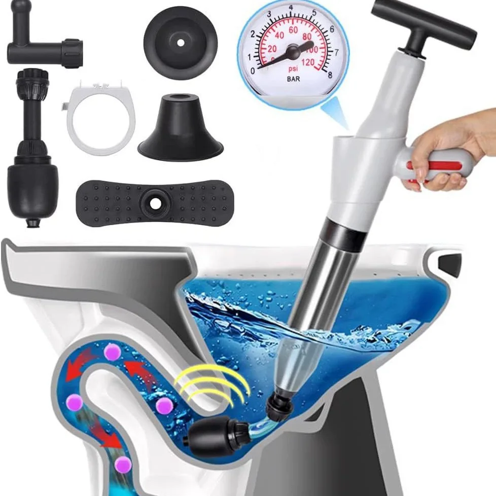 Stainless Steel Air Pressure Drain Unclogger, Integrated Pipe Dredge Tool, Household Sewer Cleaner for Toilet Bathroom
