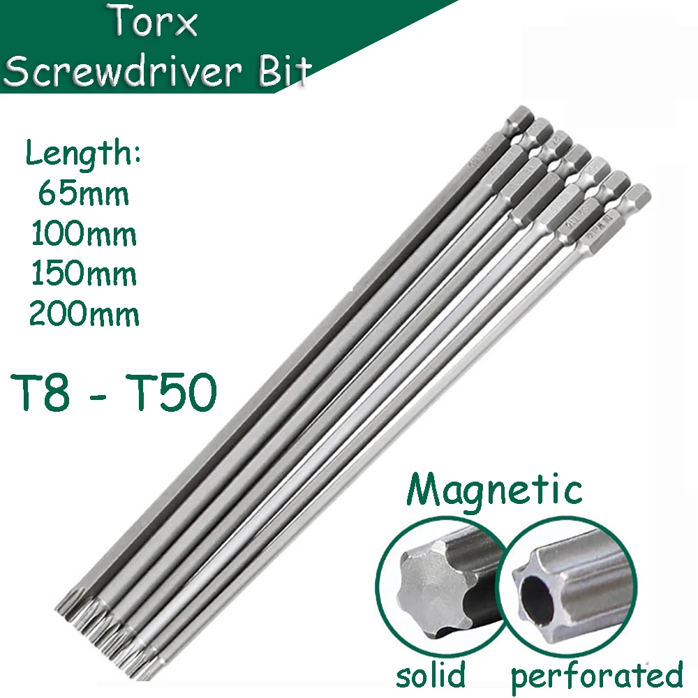 1pcs Torx Screwdriver Bit T8 - T50 Magnetic 1/4 inch Hex Shank S2 Steel 65/100/150/200mm Length Electric Batch Head Repair