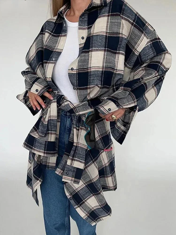 

Casual Loose Plaid Lapel Single Breasted Shirt Contrasting Cotton Women's Medium Length Blouse 2024 Spring Autumn