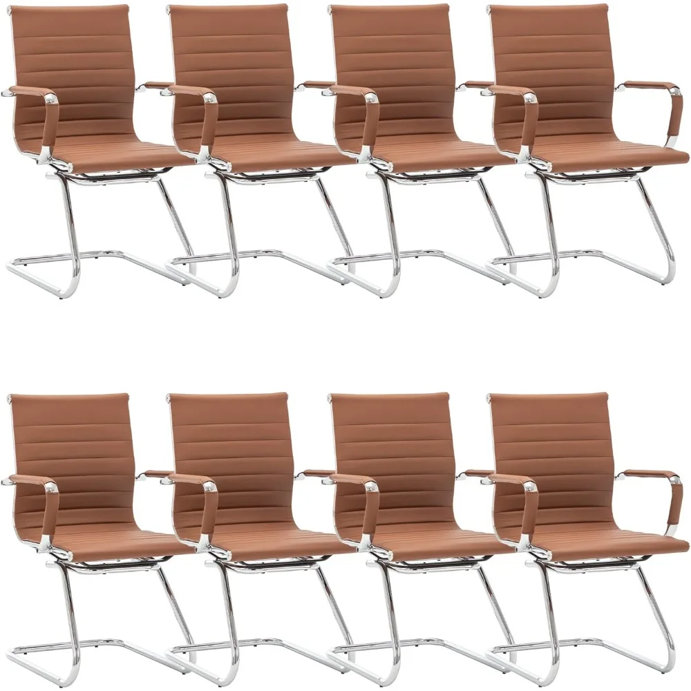 Office Desk Chair Set of 8,No Wheels PU Leather Computer Chairs Mid Back Guest Chairs with Seld Base for School/Reception