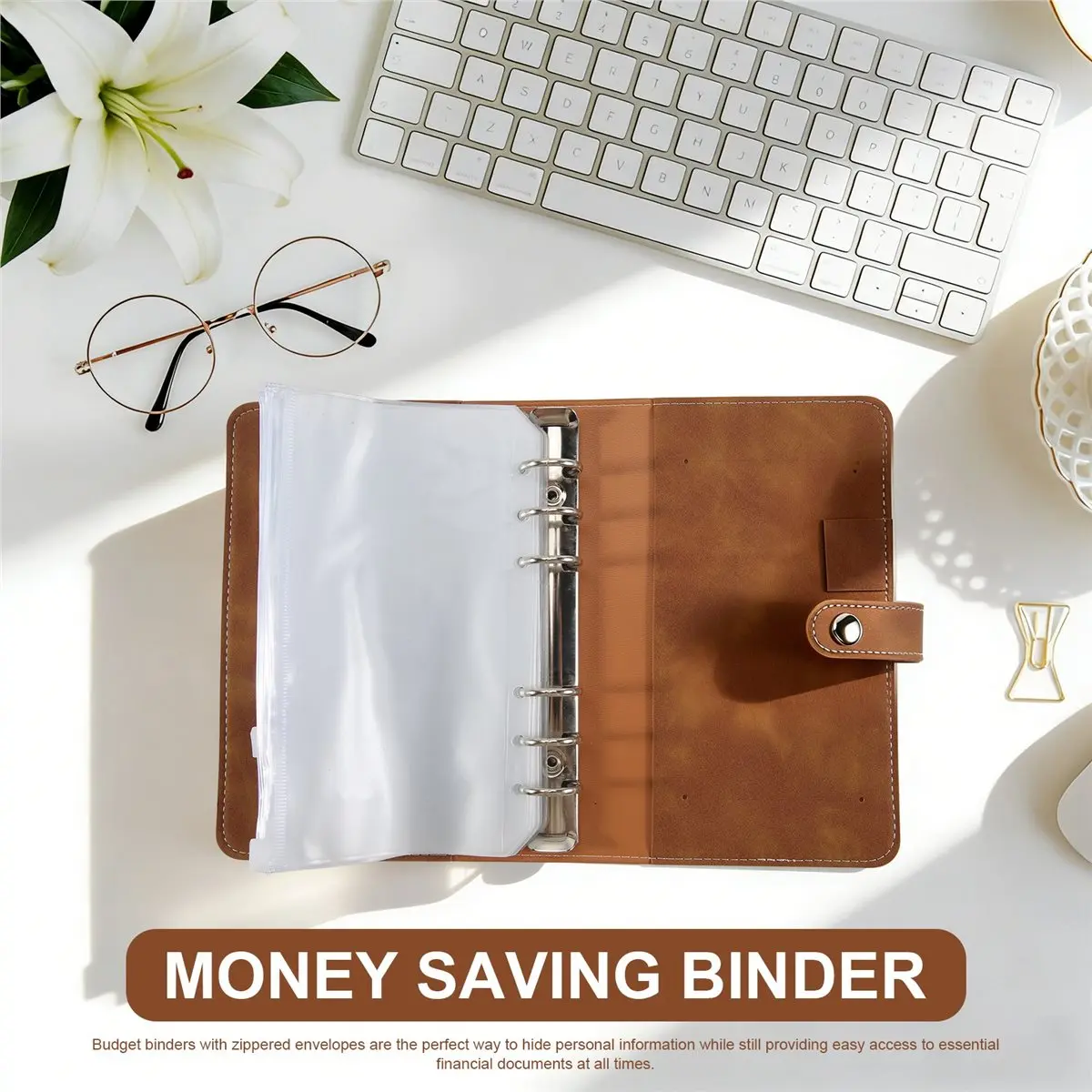(ˉ﹃ˉ) Brown Budget Binder, PU Leather Wallet for Cash Vouchers, Planner Notebook Cover with 12 Zip Envelopes