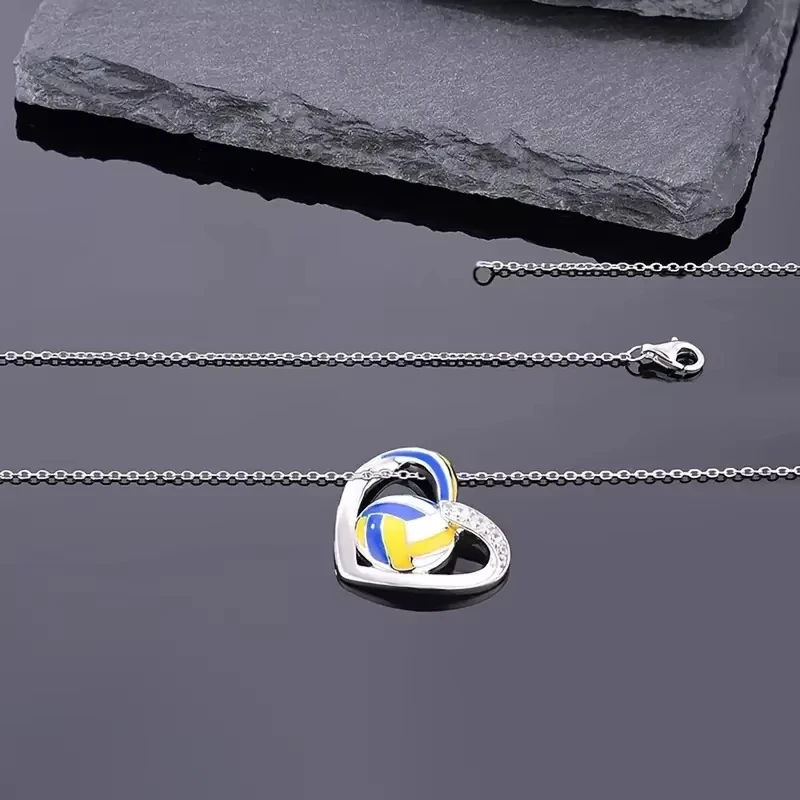 Volleyball Heart Pendant Necklace Teen Girls Accessories with Shiny Zirconia Female Daily Party Necklace