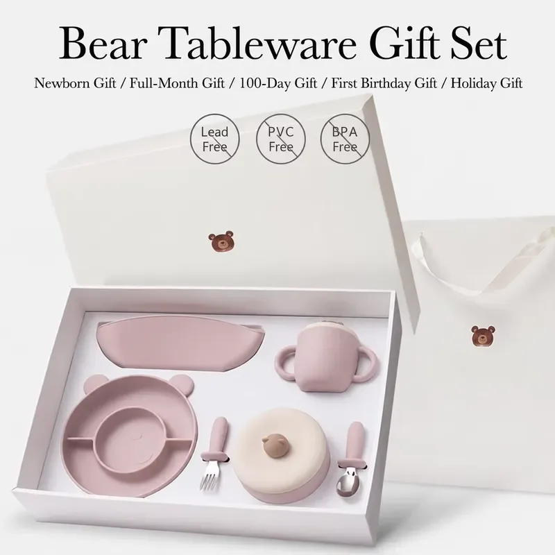 Baby feeding tableware gift set, silicone tableware set, suitable for newborn baby shower parties, birthday milestone gifts,