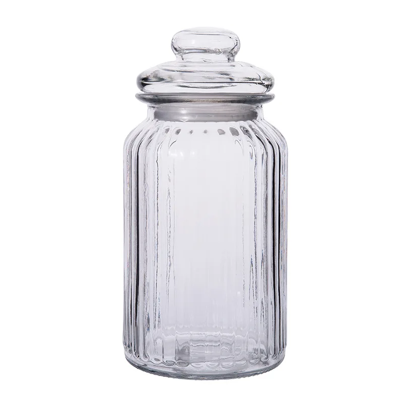 230-1350ml Striped Kitchen Full Body Glass Container with Lid Storage Jar Pasta Chocolate Candy Food Storage Tank