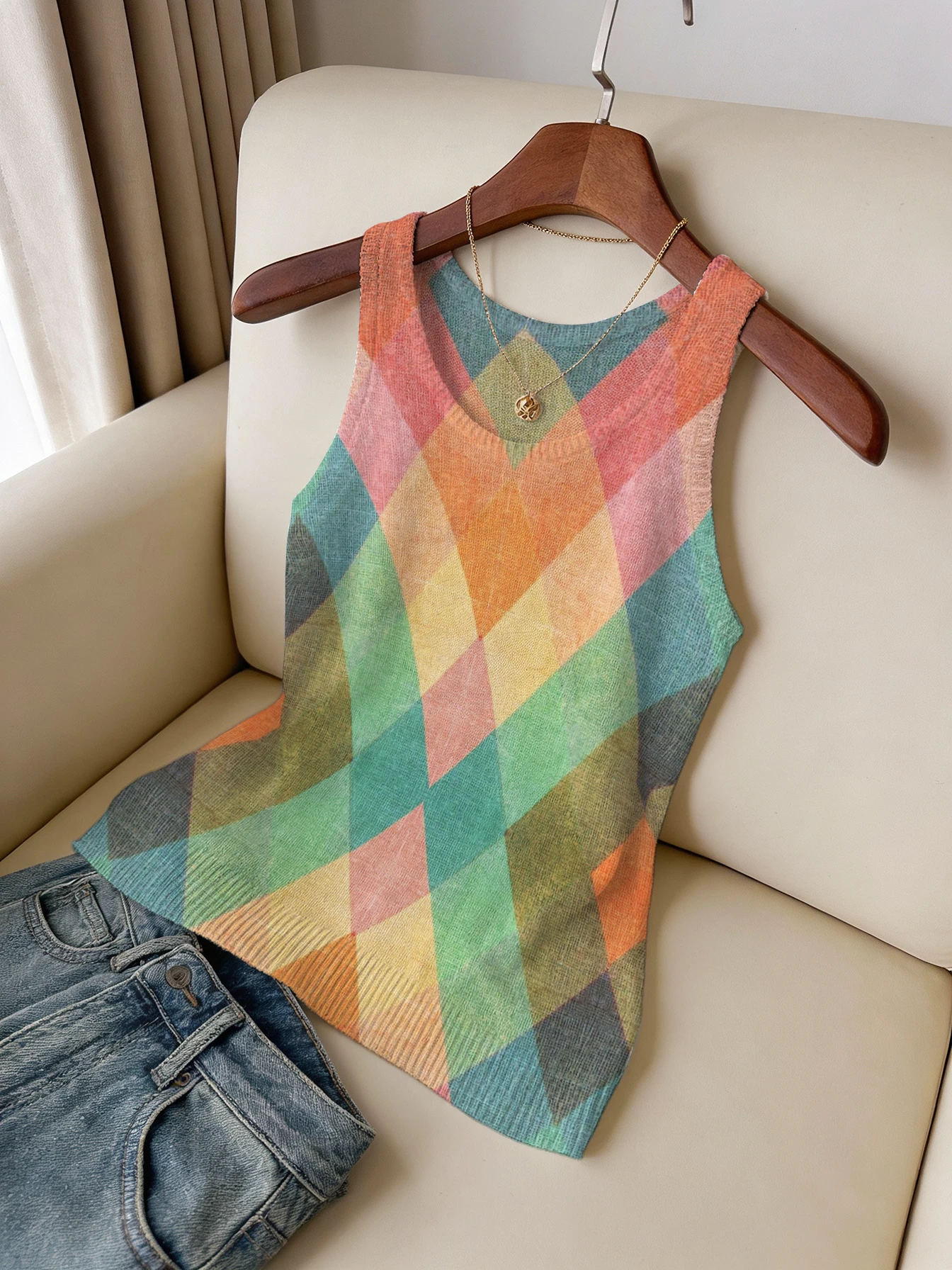 

Women's Knitted Top, Summer Round-Neck Vest, Retro Color-Blocked Diamond Pattern, Non-Positioned Print, American Retro Casual Style, Suitable for Summer Commuting, Casual Gatherings