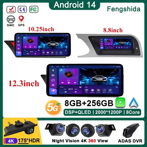 멀티미디어 라디오 스테레오 카플레이 플레이어, 안드로이드 14, 아우디 A4, A5, S4, S5, A4L, B8 2008 - 2017 12.3, 자동차 BT 내비게이션