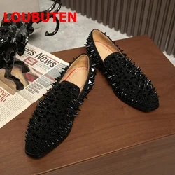 LOUBUTEN Stylish Black Rivets Shoes For Men Rhinestone Loafers Fashion Party And Wedding Men's Casual Shoes Plus Size Flats