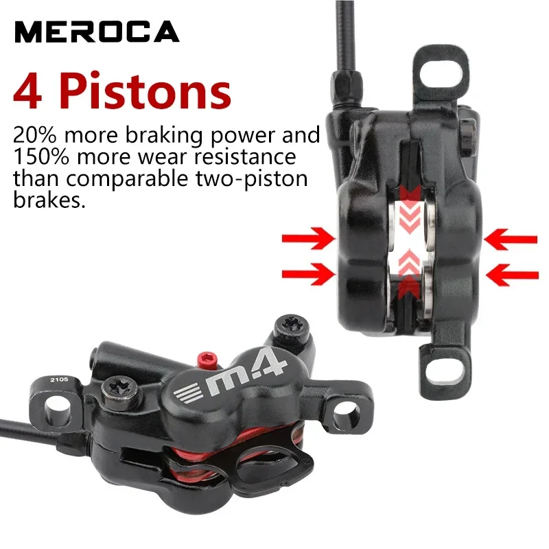 MEROCA M4 4 Piston Oil Brake MTB Hydraulic Disc Brake 160mm Rotor Left Rear/Right Front Bike Oil Disc Brake Cycling Parts