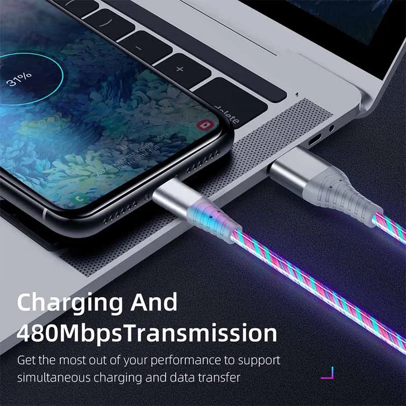 تدفق مضيئة USB نوع C كابل 3A شحن سريع بيانات الحبل لسامسونج Xiaomi ممن لهم هواوي آيفون شاحن مايكرو USB سلك LED كابل