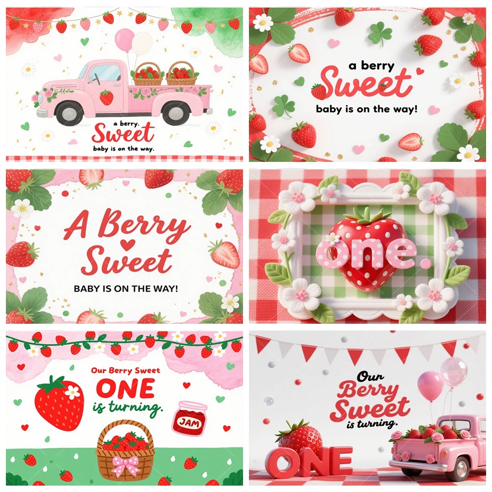 

Strawberry Theme Sweet One 1st Birthday Background Newborn Baby Shower Custom Photocall Banner Cake Smash Portrait Backdrop