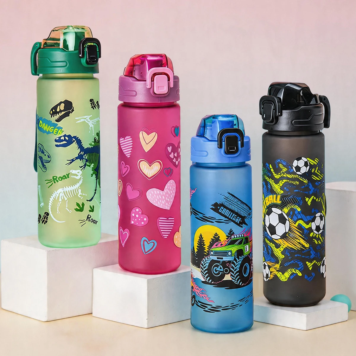 24,63oz/700ml Cartoon-Trinkflasche Auslaufsicherer Becher mit Sprungdeckel Niedlicher Haushalts-Plastikbecher für Outdoor-Sport und Schule