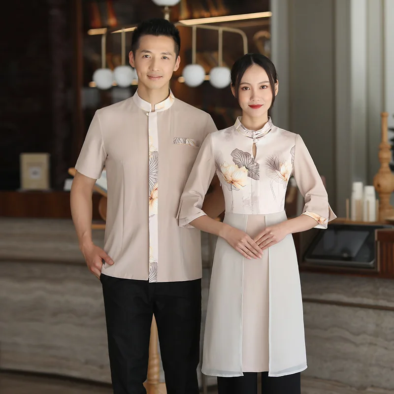 ウェルカム受付作業服半袖レストランホテル宴会ロビーレセプションエチケットロングドレス女性作業服