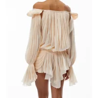 Satin Off Shoulder Pleated Mini Dress for Women Fashion Puff Sleeve  Cinched Waist Prom Party Skirt 2026 NEW Summer Lady Dresses - Image 6