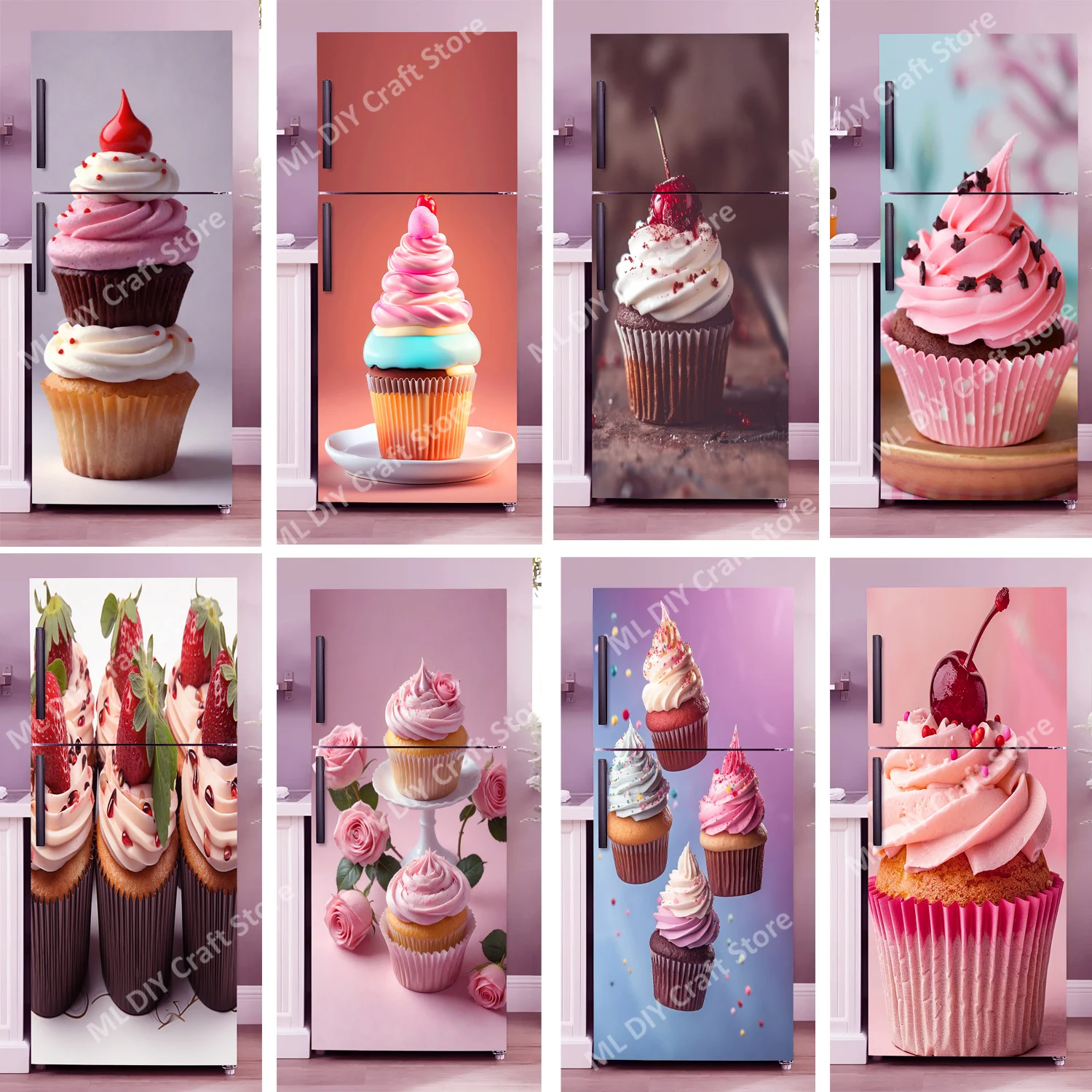 

Paper Cupcake Dessert Refrigerator Sticker Kitchen Adhesive Refrigerator Door Decal PVC Waterproof Detachable Wall Picture