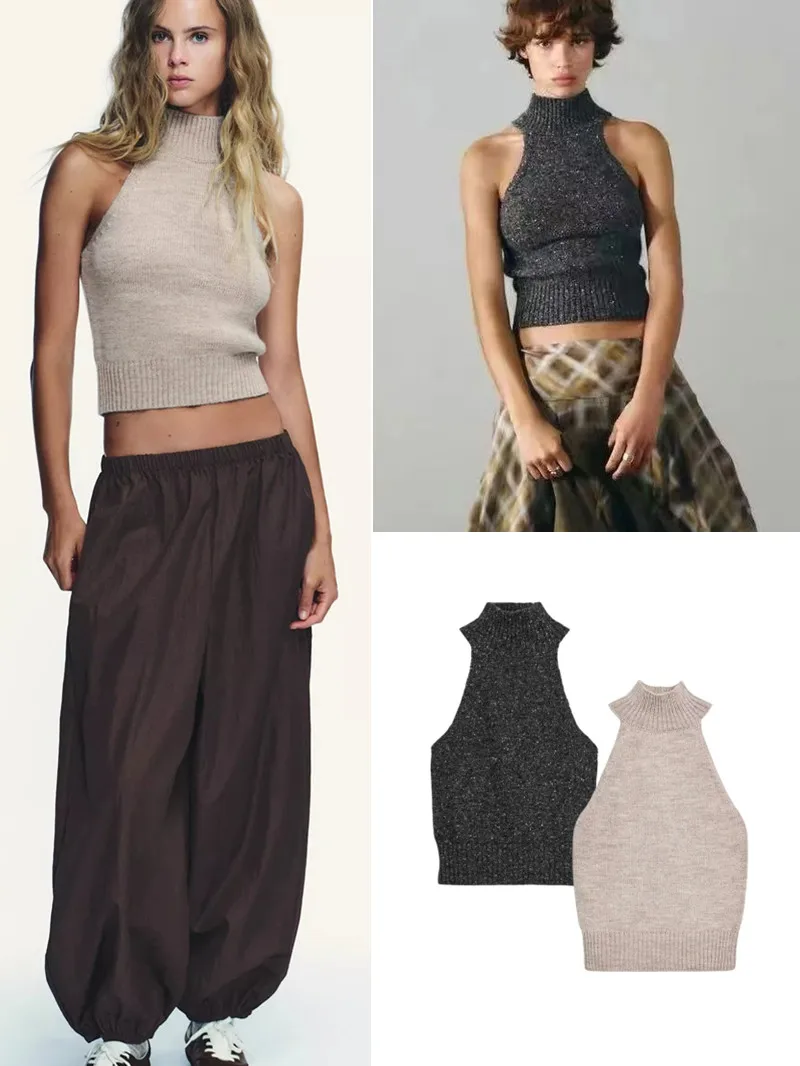 Spring Autumn Women's Slim Fit Knitted Shoulder Bared Sleeveless Top New Design Casual Comfortable Cotton Polyester Blend
