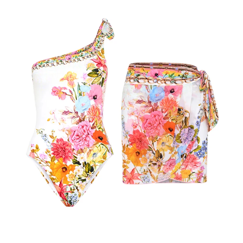 New 2023 Sexy Flower Print Swimsuit One-shoulder One-piece Swimwear Ruffle Strappy Design Monokini Women Bathing Suit Dress