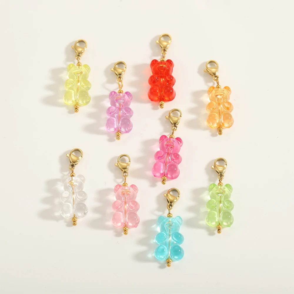 CARLIDANA 2 PCS Gold Plated Stainless Steel Jelly Bear Charms Gummy Bear Resin Charm Accessories Lobster Clasp for DIY Jewelry