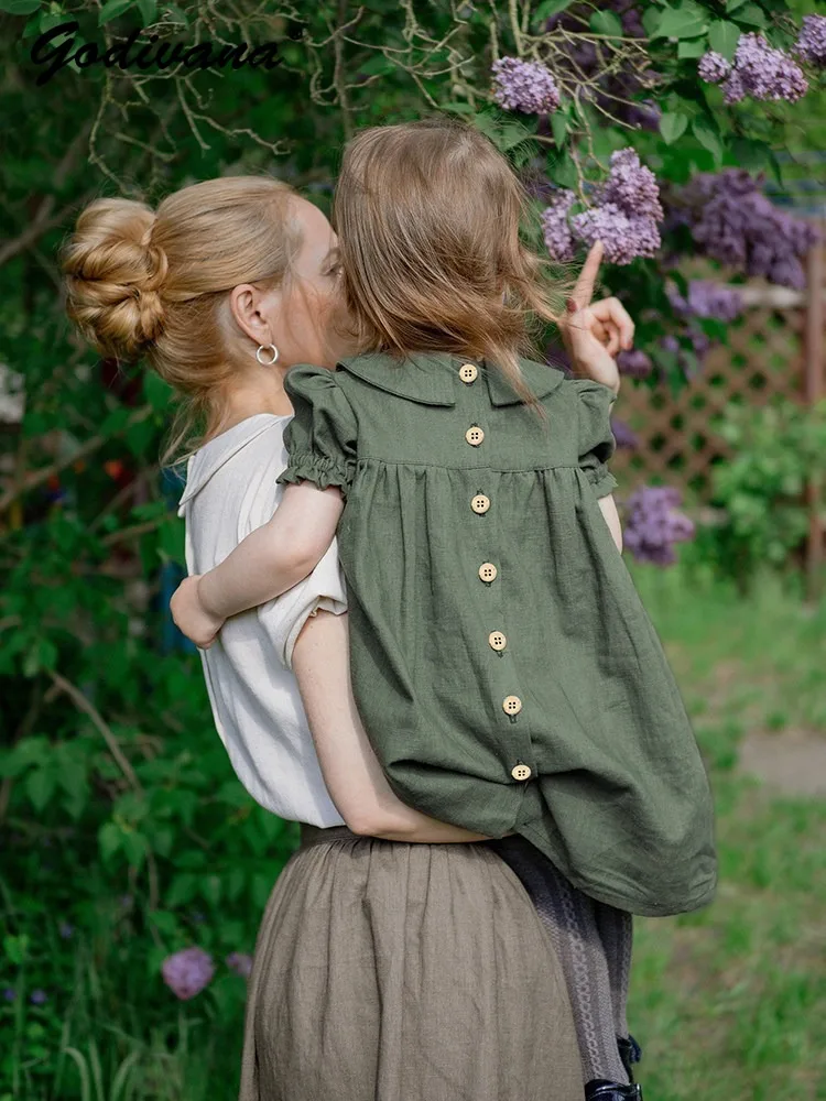 Tencel Linen Baby Girls Summer Dress Green Short Puff Sleeve Peter Pan Collar Loose Breathable Soft Mori Brief Casual Dresses