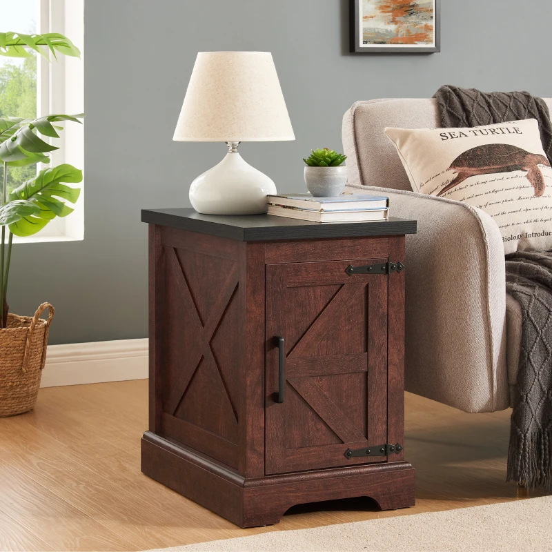 End Table Nightstand Rectangular Farmhouse End With Barn Door And Adjustable Storage Shelf Rustic Sofa Side Table For Living