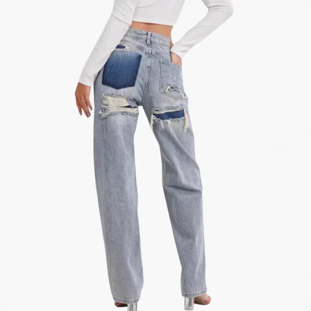 Japan and South Korea Casual Straight Leg Jeans, Women Four Seasons New Fashion Loose and Comfortable Washed Edge Grinding Jeans