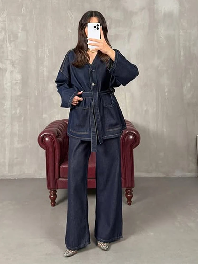 

Casual Long Jeans Set Female Belt Spring Autumn V-neck Buttons Pockets Jacket Full Sleeve Trousers Sets Woman Solid Denim Suit